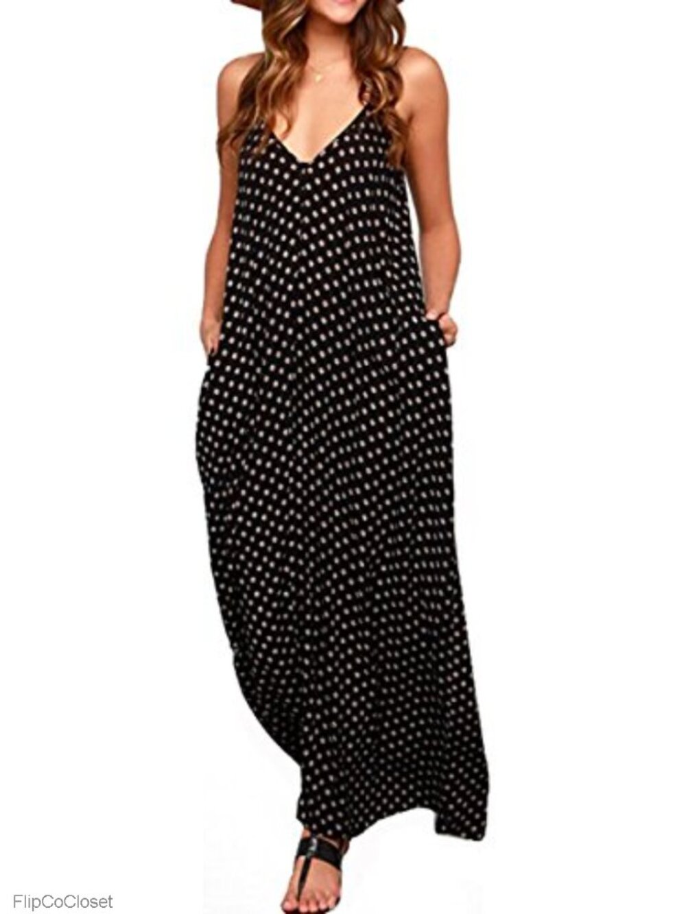 V-Neck Polka Dot Sleeveless Boho Maxi Dress with Pockets